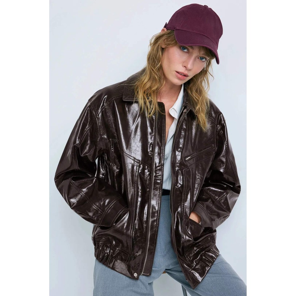 Maje Belix Faux Leather Jacket Bomber Brown Glossy Faux Leather Sz 40 / 8 US